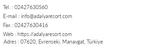 Adalya Resort & Spa telefon numaraları, faks, e-mail, posta adresi ve iletişim bilgileri